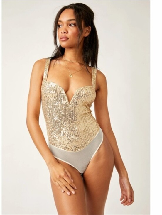 Free People Tops - NWOT Free People Sparks Fly Gold Sequin Bodysuit Size Large